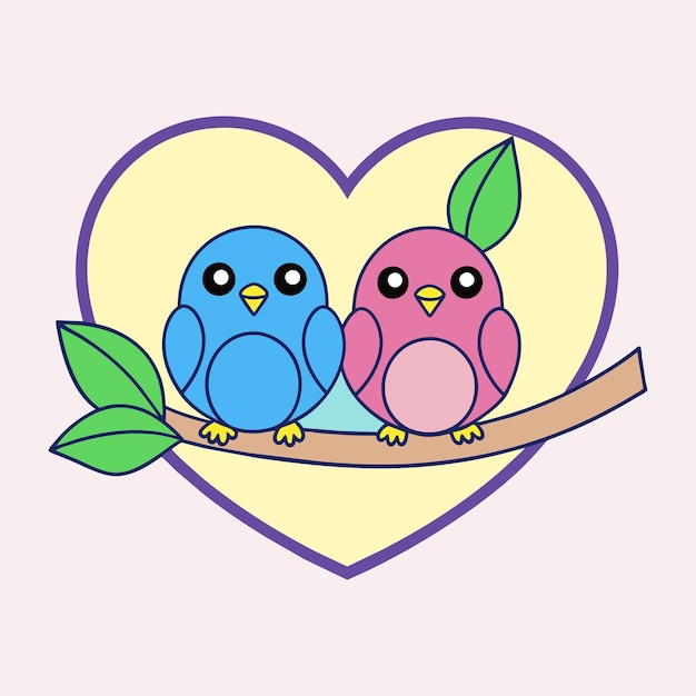 Vector an vector outline of two birds perched on a tree branch with a heart outline framing them