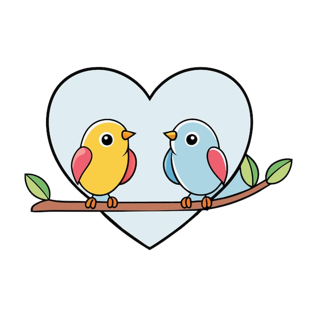 An vector outline of two birds perched on a tree branch with a heart outline framing them