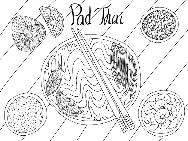 Vector pad Thai noodles sketch Hand drawn pad thai top table view dish