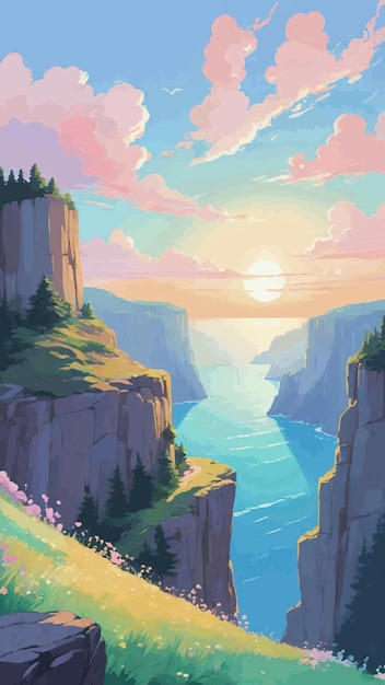 Vector of a painting of a cliff with a sunset in the background