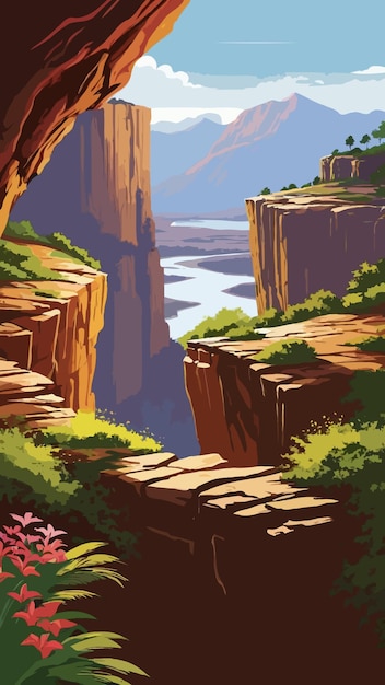 vector of a painting of a cliff with a view of the river and mountain in the background