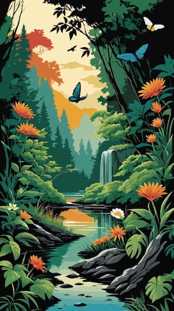 Vector vector of a painting of a forest with a waterfall and a butterfly