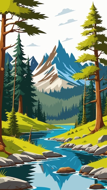 Vector vector of a painting of a river with mountains in the background