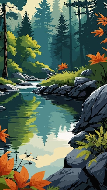 Vector of a painting of a river with a reflection of trees