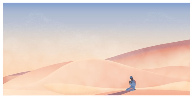 Vector Panorama of Muslim Man Making Traditional Prayer in desertRamadan celebration