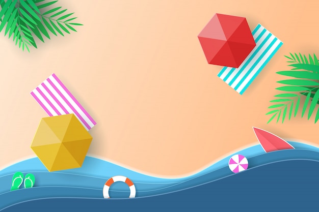 Vector paper art and landscape, digital craft style for travel, Sea. Top view beach background with umbrellas, balls, swim ring, surfboard and coconut tree.