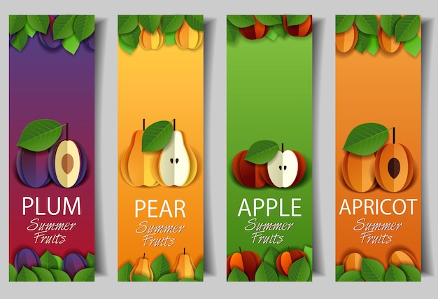 Vector paper cut apple pear apricot plum banner set