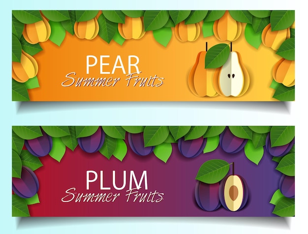 Vector paper cut pear plum fruit banner set