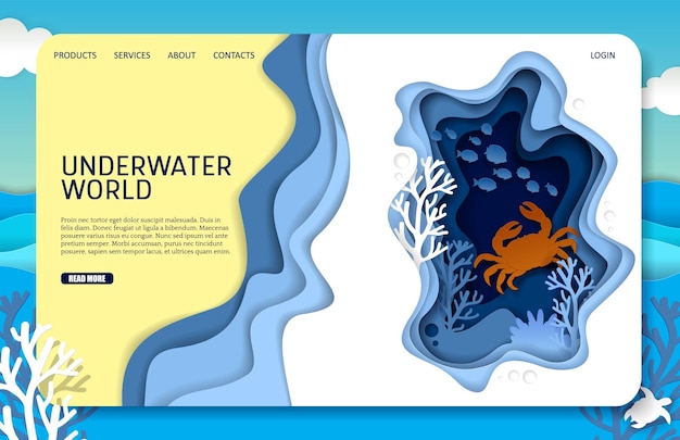 Vector paper cut underwater world landing page website template