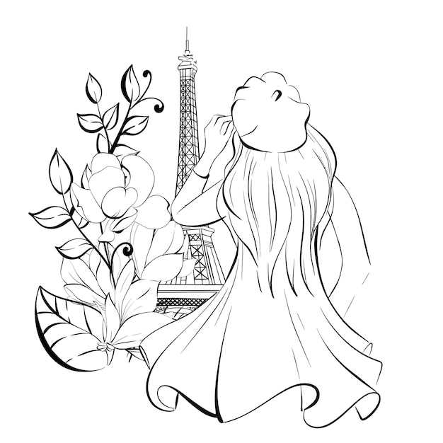 Vector Paris girl on the background of the Eiffel Tower with magnolias spring clipart