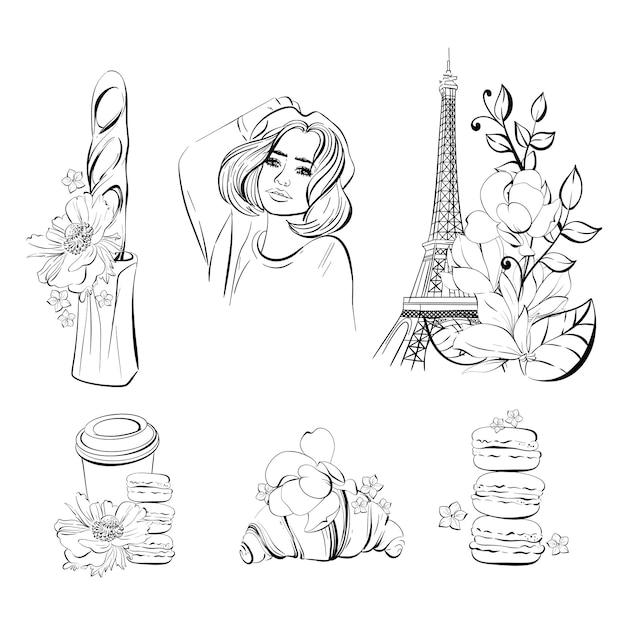 Vector paris set with eiffel tower parisian woman paper cup of coffee sweet deserts and bakery