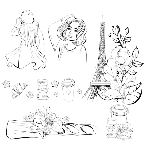 Vector paris set with travel to france eiffel tower parisian woman and paper cup of coffee sweet