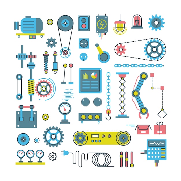 Vector parts of mechanism and robots flat icons