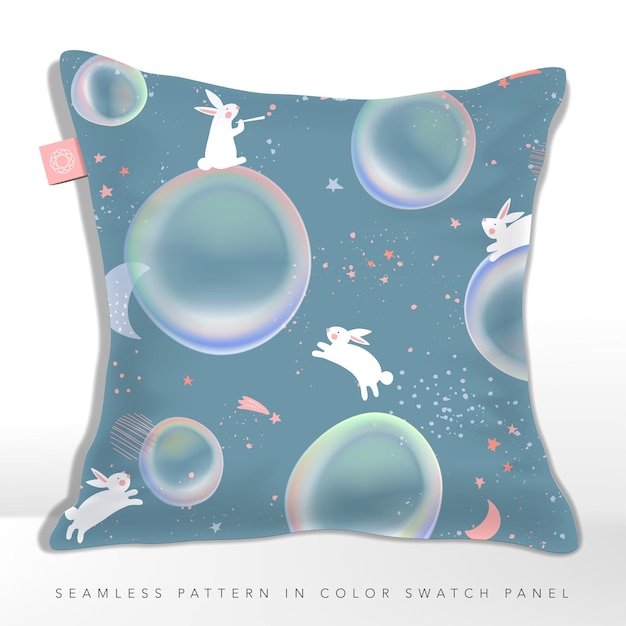 Vector Pastel Colors Bubbles and Rabbits in Outer Space Dream Seamless Pattern for Kid and Baby