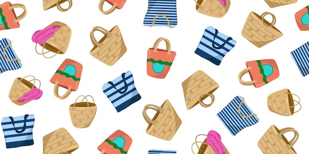 Vector pattern of beach Bags Color image of summer Handbags made of Jute Raffia and fabric