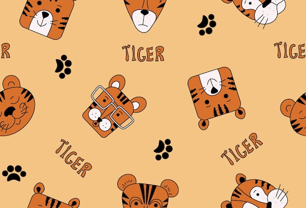 Vector Pattern cartoon tigers Funny animals in doodle style Design for wallpaper textiles packaging