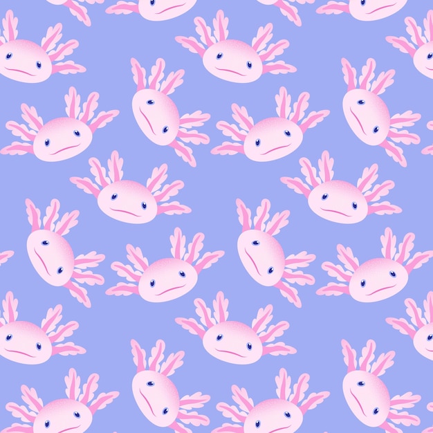 Vector pattern of cute kind faces of a pink cartoon smiling amphibian axolotl on a blue background