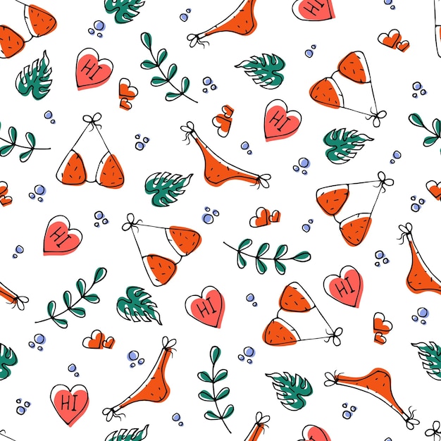 Vector pattern depicting summer aesthetics swimsuit plants hearts