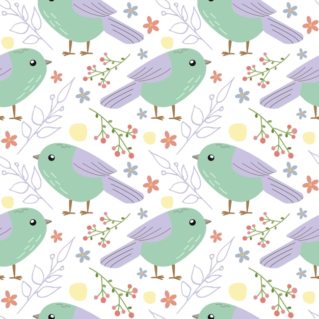 Vector pattern illustration spring summer bird colorful with flower elements on white background