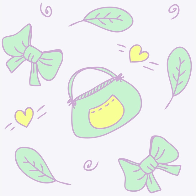 Vector vector pattern in pastel colors bag bows and leaves cartoon style hand drawn vector illustration design for tshirt textile and prints