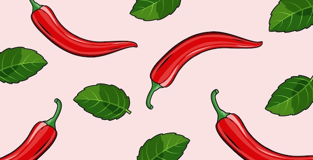 vector pattern of red pepper and its leaves background for restaurant cafe menu Vector doodle