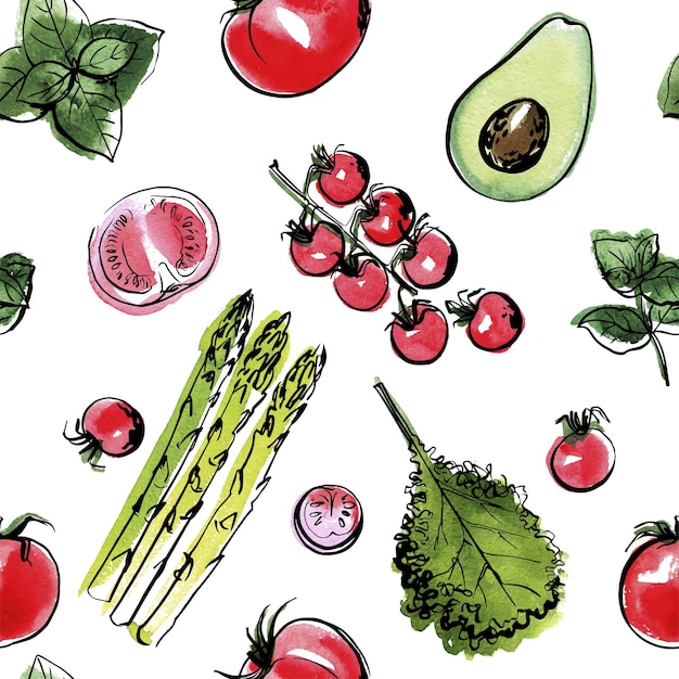 Vector pattern sketch of vegetables. Color sketch of food. Broccoli, lettuce, artichoke, herbs