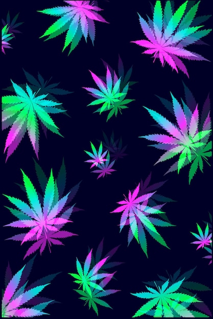 vector pattern weed leaves blur with neon colors on a dark background, hallucinogenic visual effect