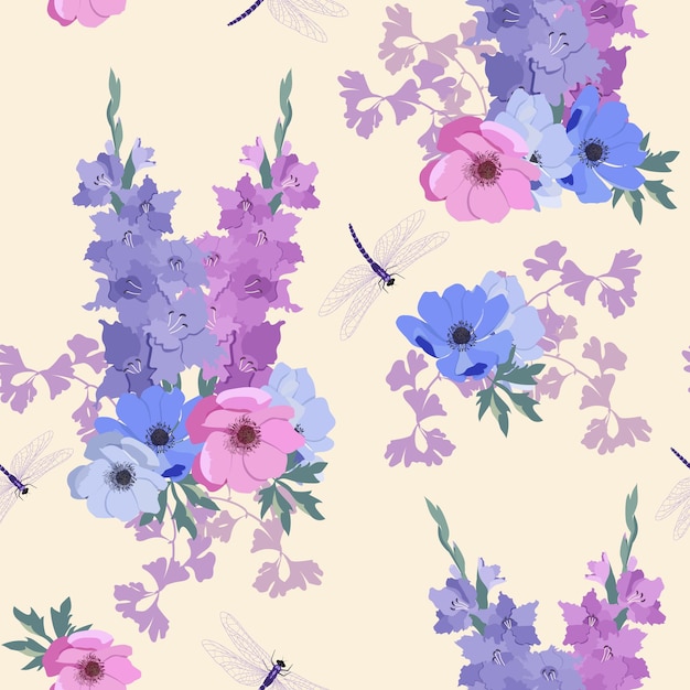 Vector pattern with anemone gladiolus and dragonflies on a light background v