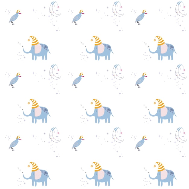 Vector pattern with cute sleeping elephant on white background