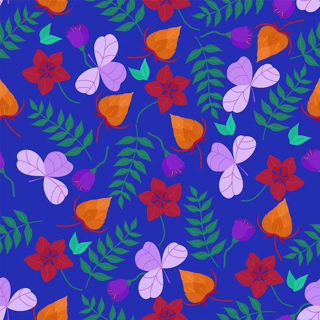 Vector pattern with hand drawn flowers and leaves on blue background. Vector seamless pattern