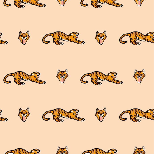 Vector pattern with a snarling tiger in cartoon style on a beige background