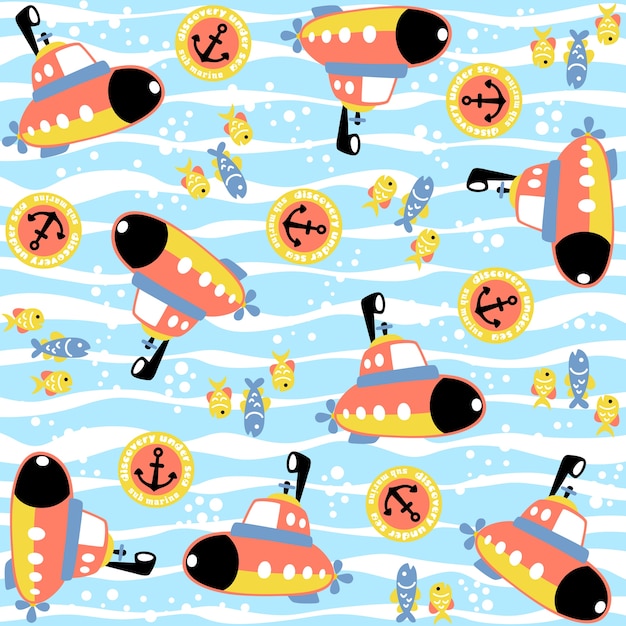 Vector pattern with submarine cartoon under blue sea