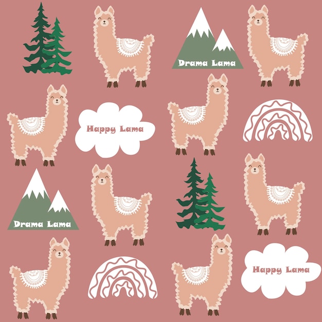 Vector pattern with with Christmas trees mountains  clouds funny lettering and cute llamas