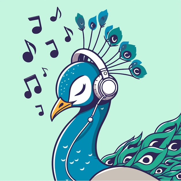 vector peacock listening to music while using headphones