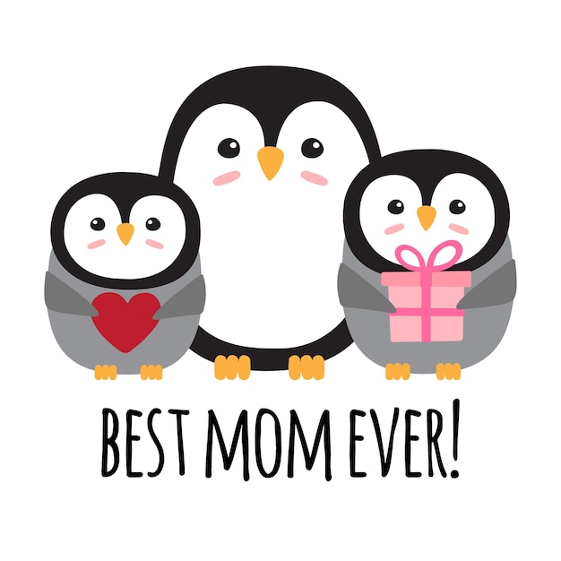 Vector penguin mom with babies and best mom ever