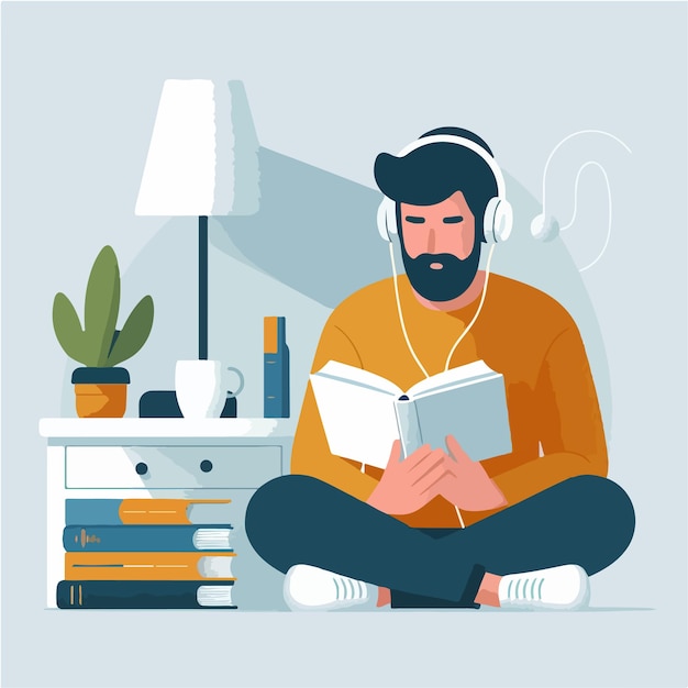 Vector of people reading a book and listening to music in flat design style