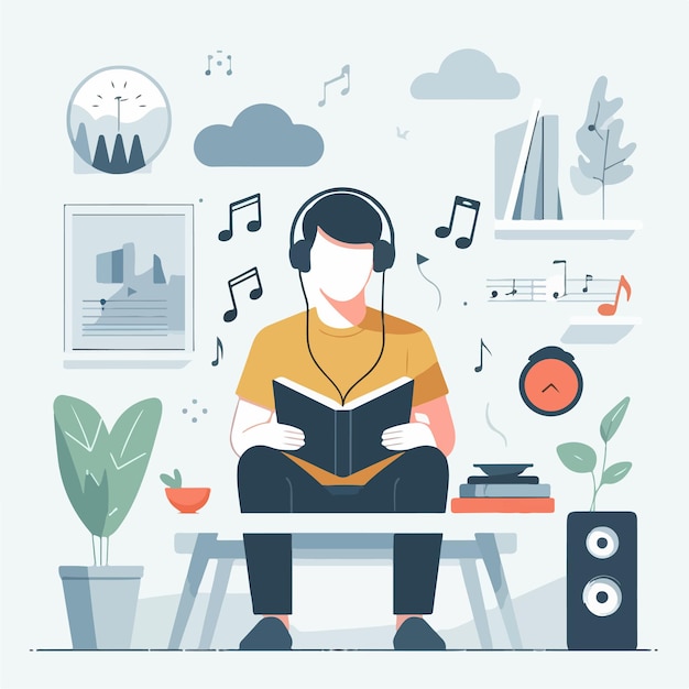 Vector of people reading a book and listening to music in flat design style