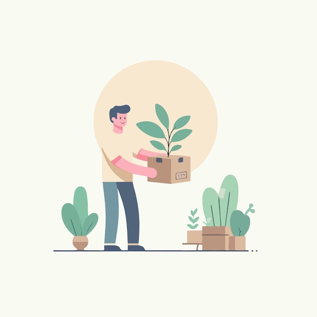 vector of a person carrying plants in a flat design style