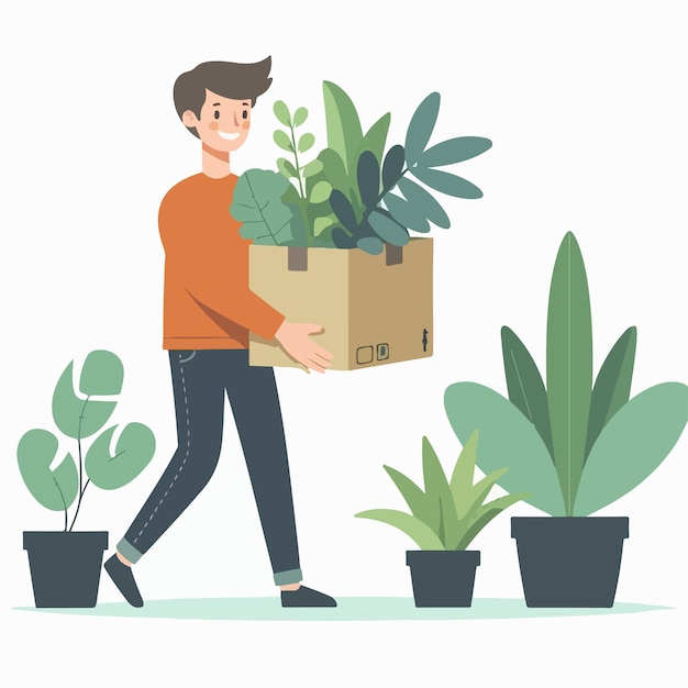 vector of a person carrying plants in a flat design style