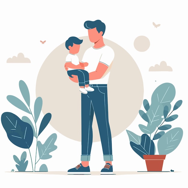 Vector vector of a person holding his child in a flat design style plant background