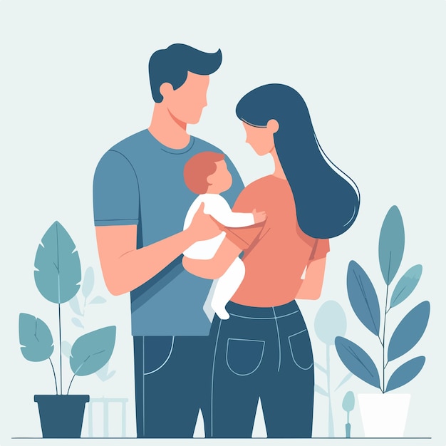 Vector vector of a person holding his child in a flat design style plant background