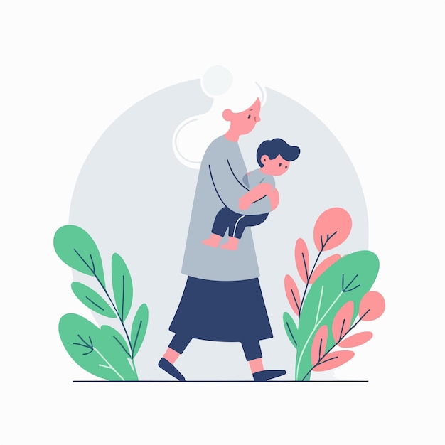 Vector of a person holding his child in a flat design style Plant background