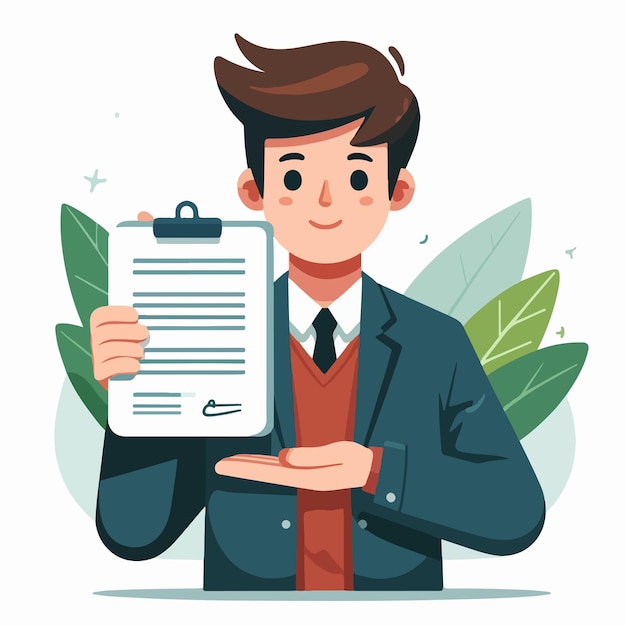 Vector person holding and showing cartoon illustration of paper board document