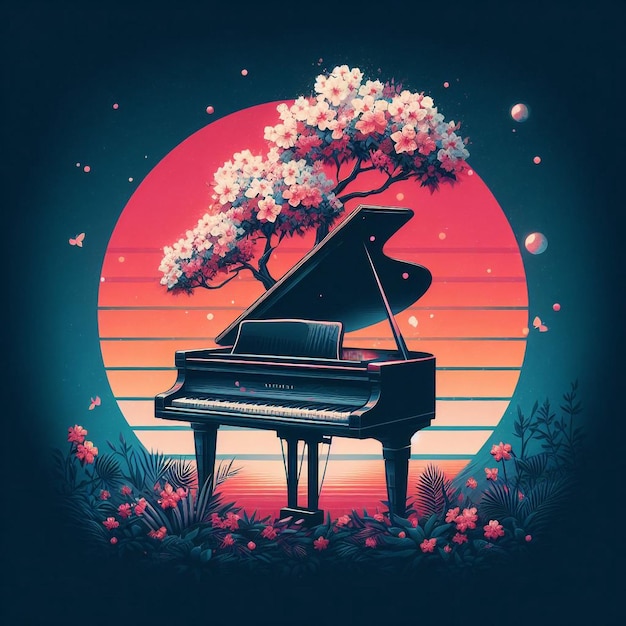 Vector a piano sitting in front of a sunset an album cover