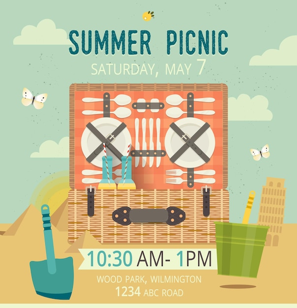 Vector picnic on the beach card design Food and pastime illustration Flat Barbecue items