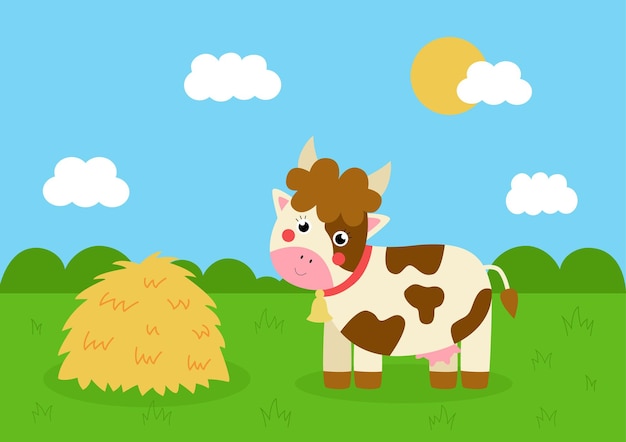 Vector picture of cute cow on green field Rural landscape