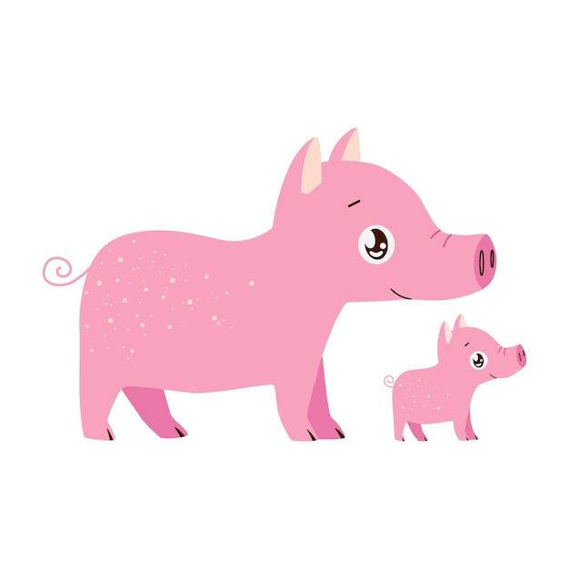 Vector pig baby and big pig cartoon farmhouse animals