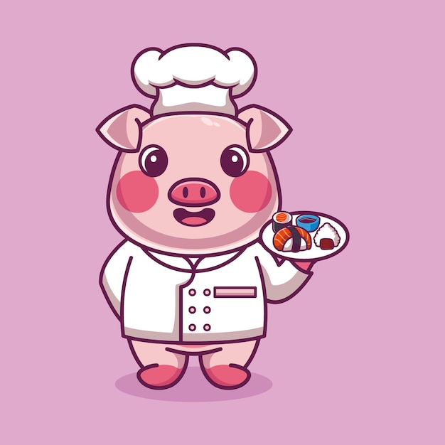 Vector pig chef mascot logo cartoon cute creative kawaii