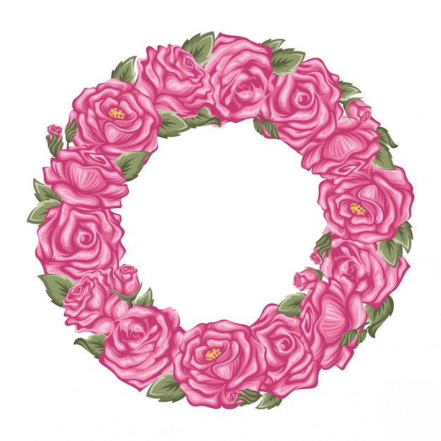 Vector pink roses frame in the shape of circle isolated