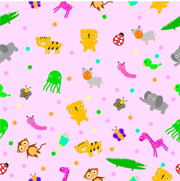 Vector Pink Seamless Background Baby Animals with polka dot xA